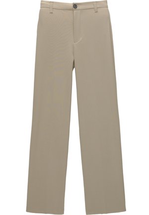 Beige weit geschnittene Hose aus glattem Material. Mit einem Knopfverschluss vorne, Gürtelschlaufen und praktischen Seitentaschen.