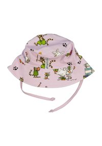 Rosa bomull bucket hat med flerfärgade djurillustrationer, justerbar hakrem och en bred skärm för solskydd.
