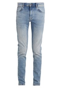 Jeans de corte slim, azul claro, fabricados en denim con un lavado desgastado, diseño de cinco bolsillos, presillas para el cinturón y cierre de botón en la cintura.