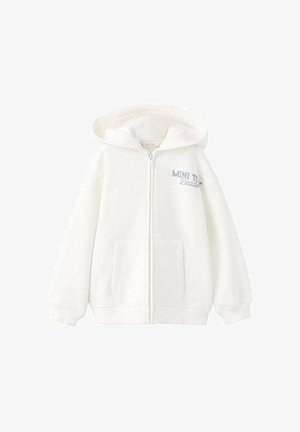 Hvid zip-up hoodie med en frontlomme, blødt stof, justerbar snørehætte og lyseblå tekst med teksten "MINI TE Leader."