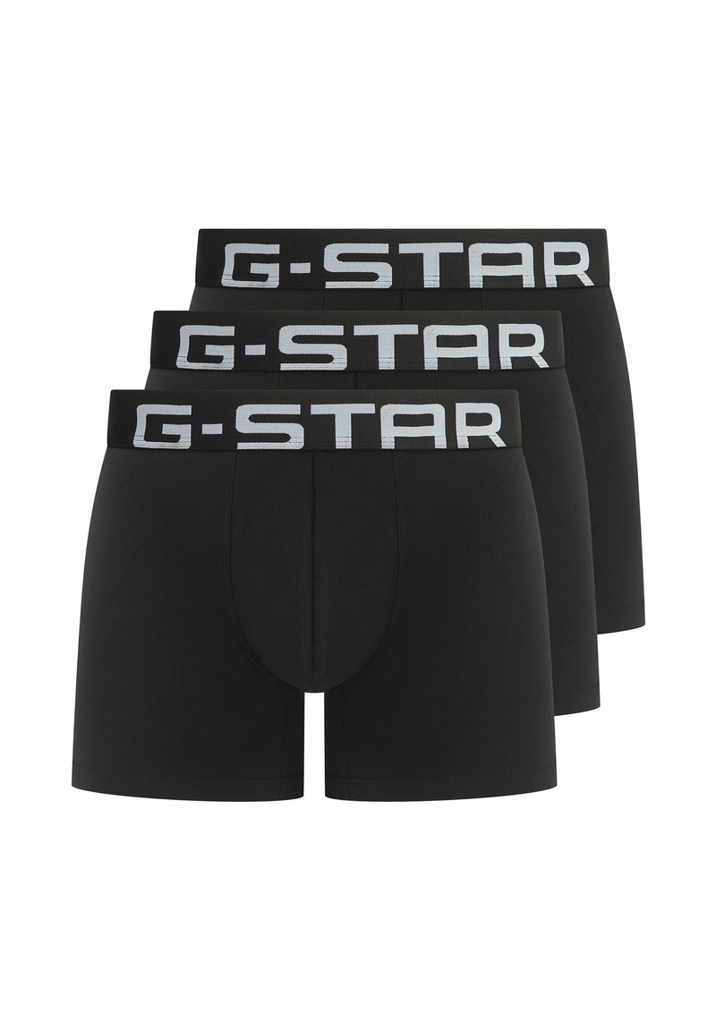 Zwarte katoenen boxershorts met G-STAR-logo op de elastische tailleband. Drie paren tentoongesteld, elk met een aansluitende pasvorm en een zachte textuur.