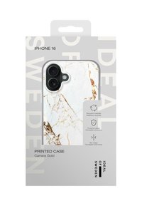 iPhone 16 case with a white marble design, featuring gold veining. Slim fit with cutouts for dual camera and buttons. Recyclable materials.