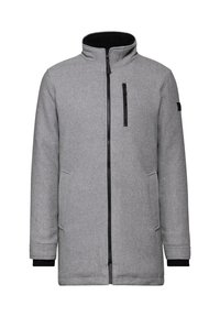 Veste grise avec un col haut, fermeture éclair à l'avant, poche zippée noire et poignets élastiques. Elle présente un tissu texturé et deux poches latérales.