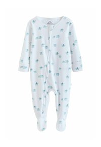 White long-sleeve baby romper with blue elephant prints, front zipper, and covered feet, designed for infants.