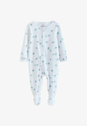 Vit långärmad babyoverall med blå elefanttryck, framdragkedja och täckta fötter, designad för spädbarn.