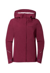 Giacca impermeabile bordeaux con cappuccio, dotata di maniche lunghe, dettagli riflettenti e chiusura frontale con zip. Tessuto testurizzato visibile.