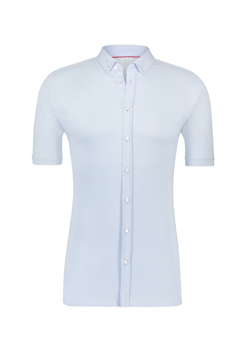Kurzärmeliges, hellblaues Hemd mit Knopfleiste, aus glattem Stoff, mit klassischem Kragen und sieben Knöpfen entlang der Vorderseite.