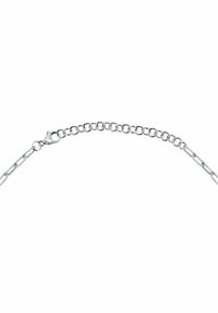 Sølv metal kæde med sammenkoblede led, der har en krabbe-lås i den ene ende og en række runde løkker til justerbar længde.