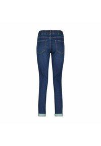 Mørkeblå denimjeans med slim fit, der har opkrøllede benender, en elastisk talje og to baglommer i et klassisk design.