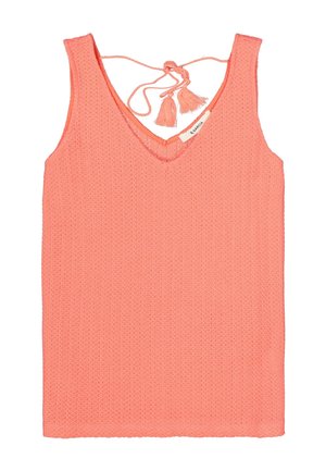 Débardeur corail avec un col en V et des bretelles réglables à nouer, présentant un motif en tricot texturé et des accents de pompons.
