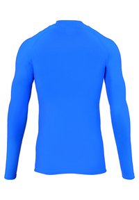 Long-sleeve athletic shirt in a bright blue color, made from smooth, stretchy fabric. Features a high neck and fitted design.