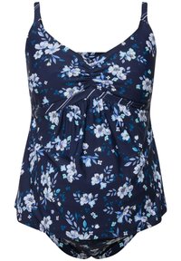 Tankini floral marine avec motifs de fleurs bleues et blanches, corps froncé et coupe ample, avec de fines bretelles réglables.
