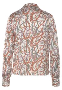 Camisa de manga larga con un fondo claro que presenta un patrón floral abstracto y multicolor. Tejido suave con cuello y puños de botones.
