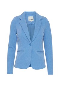 Blazer azzurro chiaro realizzato in tessuto strutturato, dotato di chiusura con un solo bottone, rever a punta e due tasche frontali.