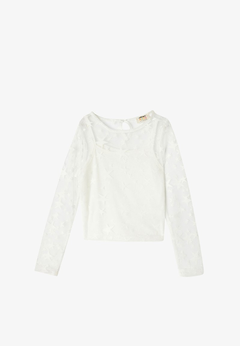 White long-sleeve top with sheer star pattern, round neckline, and back keyhole detail. Lightweight fabric creates a textured look.