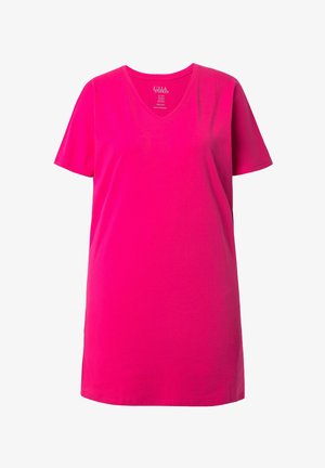 Camicia di cotone rosa brillante a maniche corte con scollo a V, mostrata stesa senza motivi o dettagli aggiuntivi.