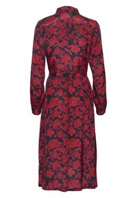 Abito midi nero a maniche lunghe con stampa floreale rossa, vita aderente e colletto, mostrato sul retro.