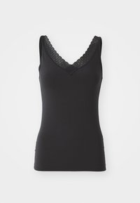 Black tank top with a V-neck design and delicate lace trim along the collar. Made from soft, stretchable fabric. Sleeveless design.