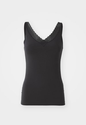 Svart singlet med V-hals-design og delikat blondedekor langs kragen. Laget av myk, stretchy stoff. Uten ermer.
