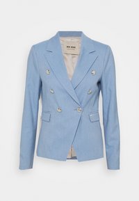 Blå dubbelknäppt kavaj i texturerat tyg, med silverfärgade knappar, skarpa slag och två framfickor. Innerfoder är ljusbeige.