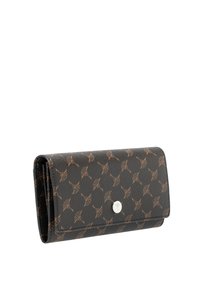 Černá peněženka z texturované kůže, s hnědým vzorem a stříbrným zapínáním na cvoček. Kompaktní obdélníkový tvar s zaoblenými hranami.