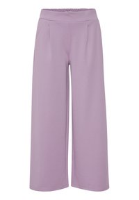 Fioletowe spodnie z szerokimi nogawkami, wykonane z miękkiego, elastycznego materiału. Posiadają elastyczny pas oraz fałdy z przodu dla dodatkowego wykończenia.