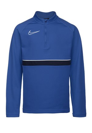 Pullover Nike blu con colletto alto, zip frontale a metà, logo bianco e una striscia orizzontale blu scuro sul petto. Texture liscia.