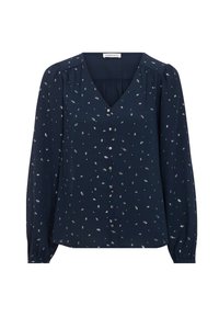 Marinebluse mit V-Ausschnitt, langen Ärmeln und silbernen Blumenmustern. Mit einer Knopfleiste und Raffungen an den Schultern.