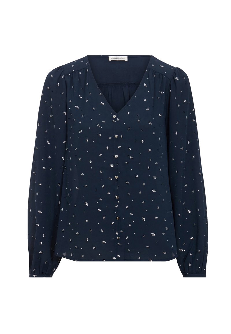 Marinebluse mit V-Ausschnitt, langen Ärmeln und silbernen Blumenmustern. Mit einer Knopfleiste und Raffungen an den Schultern.