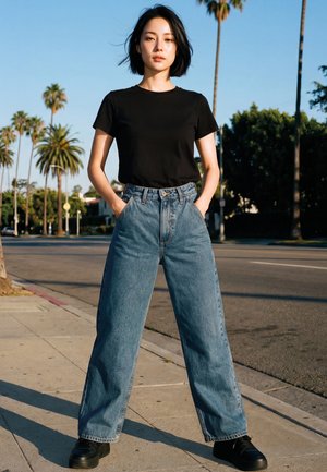 Jeune femme debout les mains dans les poches, portant un t-shirt noir, un jean large bleu et des chaussures noires sur un trottoir urbain ensoleillé avec des palmiers.