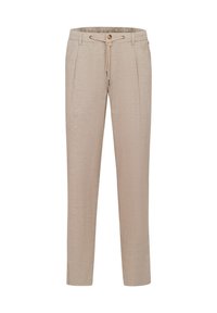 Beige Hose aus strukturiertem Stoff mit einem Kordelzugbund, gefalteter Vorderseite und schmal zulaufendem Bein. Einfarbig ohne Muster.