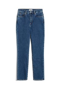 Blå denimjeans med rak benmodeller, fem fickor och en framknäppning. Tyget har en slät textur och subtila sömnadsdetaljer.