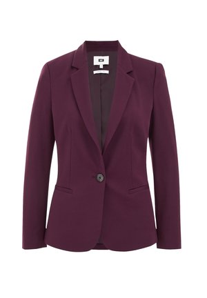 Burgundy tailored blazer with a single button closure, notched lapels, two front pockets, and smooth fabric texture.