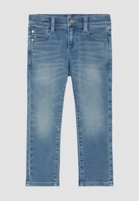 Jeans in denim blu con vestibilità slim, dotati di chiusura con zip e bottone, cinque tasche e un leggero effetto sbiadito per un aspetto consumato.