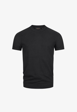 Svart kortärmad sweatshirt med rundad hals i slät tyg, med ribbade ärmslut och fåll. Enkelt mönster utan synliga mönster eller detaljer.