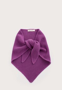 Fialový pletený šál so šesťuholníkovým tvarom a mašľou vpredu. Vyrobený z organickej bavlny s rebrovanou textúrou.