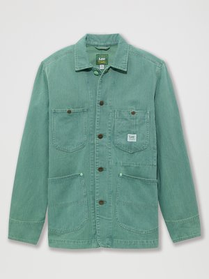 Green striped jacket made of corduroy, featuring a collared neck, buttons, and two front pockets with subtle logo detail.