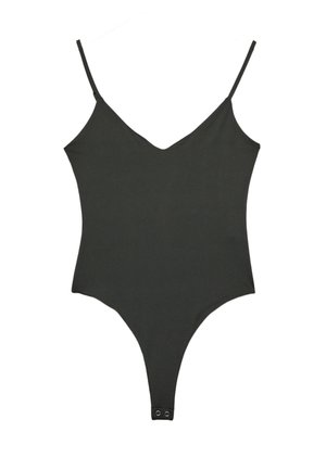 Schwarzer Bodysuit mit verstellbaren dünnen Trägern, tiefem V-Ausschnitt und hochgeschnittenen Beinen. Hergestellt aus glattem, dehnbarem Stoff mit Druckknopfverschluss am Boden.
