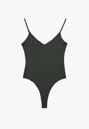 Schwarzer Bodysuit mit verstellbaren dünnen Trägern, tiefem V-Ausschnitt und hochgeschnittenen Beinen. Hergestellt aus glattem, dehnbarem Stoff mit Druckknopfverschluss am Boden.