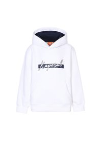 Sweatshirt à capuche blanc avec une doublure bleu marine, comportant une poche avant et le logo "Kaporal" en cursive sur un rectangle bleu marine.