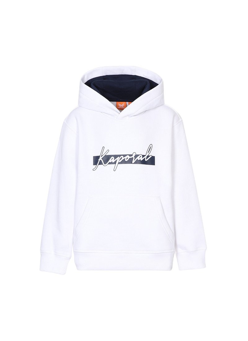 Sweatshirt à capuche blanc avec une doublure bleu marine, comportant une poche avant et le logo "Kaporal" en cursive sur un rectangle bleu marine.