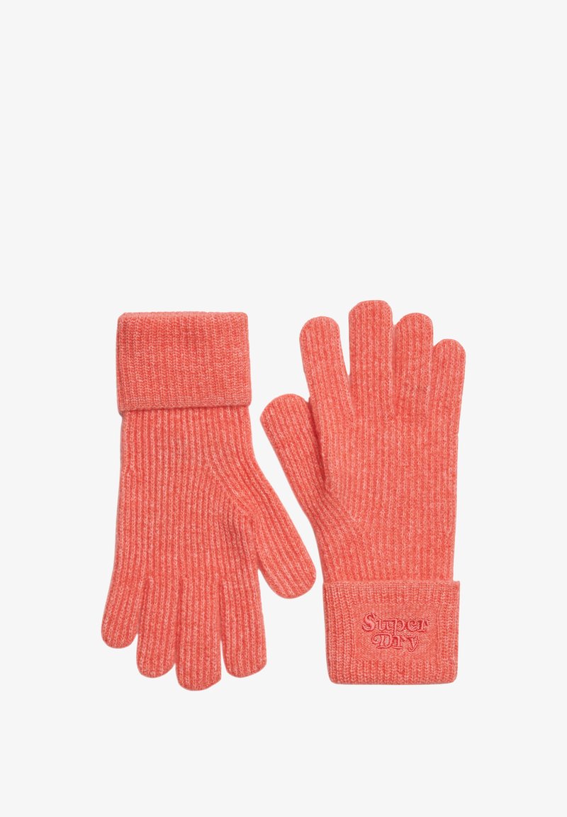 Koralfarvede ribbede strikkede handsker med omfoldede manchetter. Har logo broderet på manchetten. Blød tekstur og tætsiddende design for varme og komfort.