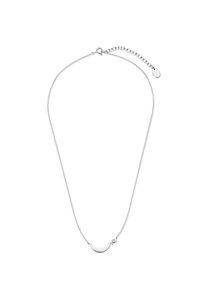 Silberne Halskette mit einem geschwungenen Anhänger und einem kleinen Akzentstein. Die Kette ist zart mit einem verstellbaren Verschluss und einer Verlängerung.