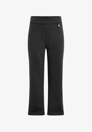 Pantalon gris foncé coupe droite avec taille élastique et petite poche zippée noire sur la hanche droite, présenté sur fond blanc.
