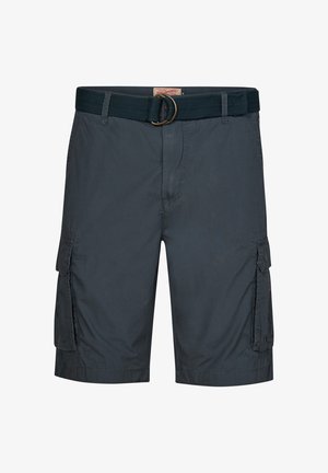 Pantaloni cargo grigio scuro realizzati in tessuto leggero, dotati di due tasche laterali, una cintura con fibbia in metallo e un design con vestibilità rilassata.