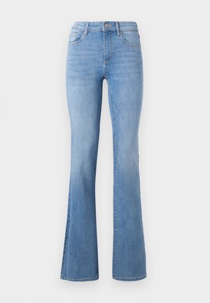 Light blue flared jeans featuring a mid-rise waist, classic five-pocket design, and subtle fading along the legs. Denim fabric texture.