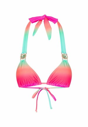 Trojúhelníkový bikinový top v gradientu růžové a tyrkysové barvy s nastavitelnými šňůrkami. Obsahuje ozdobný kovový prvek na ramínkách. Hladká textura látky.
