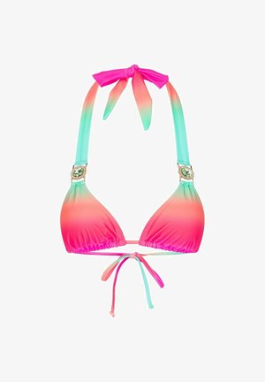 Kolmiomainen bikinitoppi vaaleanpunaisen ja turkoosin gradientissa, jossa säädettävät nauhat. Sisältää koristeellisia metalliosia olkahihnoissa. Sujuva kangas.