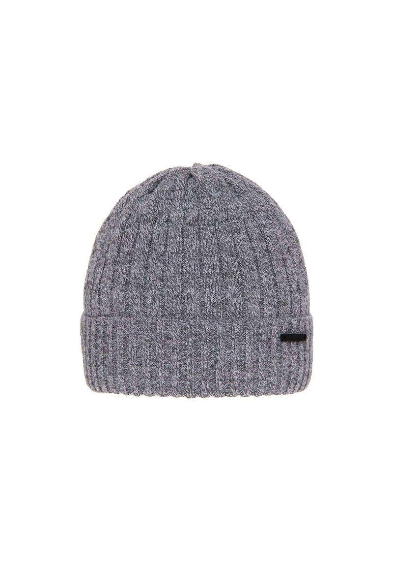 Gray knit beanie with ribbed texture and a folded cuff. Features a small black label on the side. Suitable for cold weather wear.