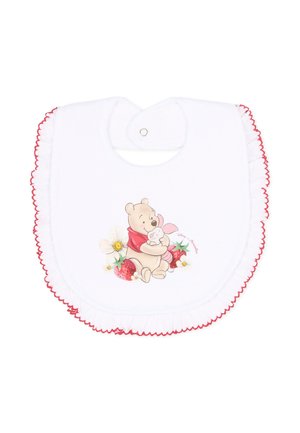 Bavoir pour bébé blanc avec des bords rouges froncés, présentant Winnie l'Ourson qui enlace Porcinet entouré de fraises et de fleurs.